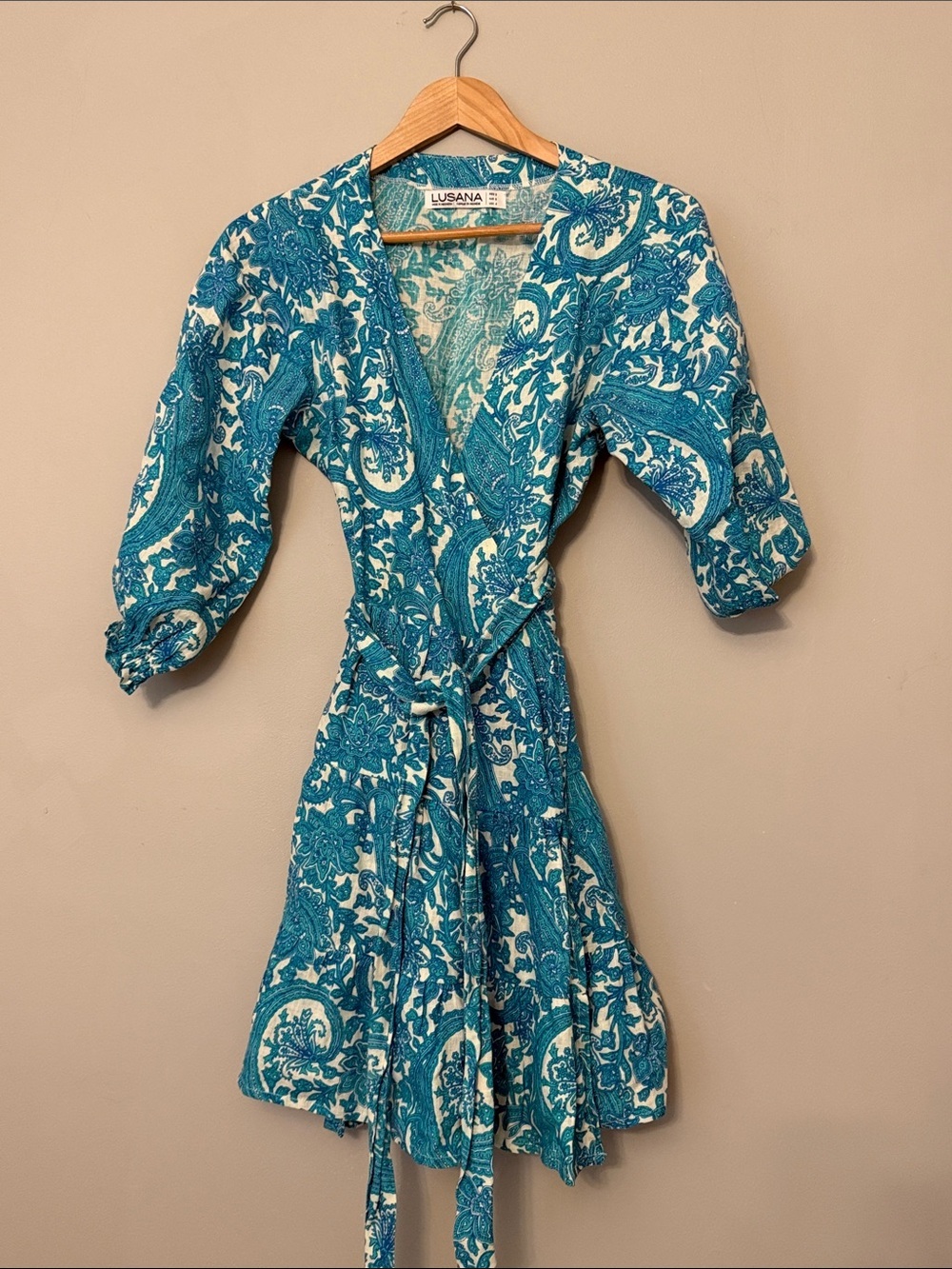LUSANA Elora Wrap Dress Paisley Boho Midi Dress Teal Blue Size 4